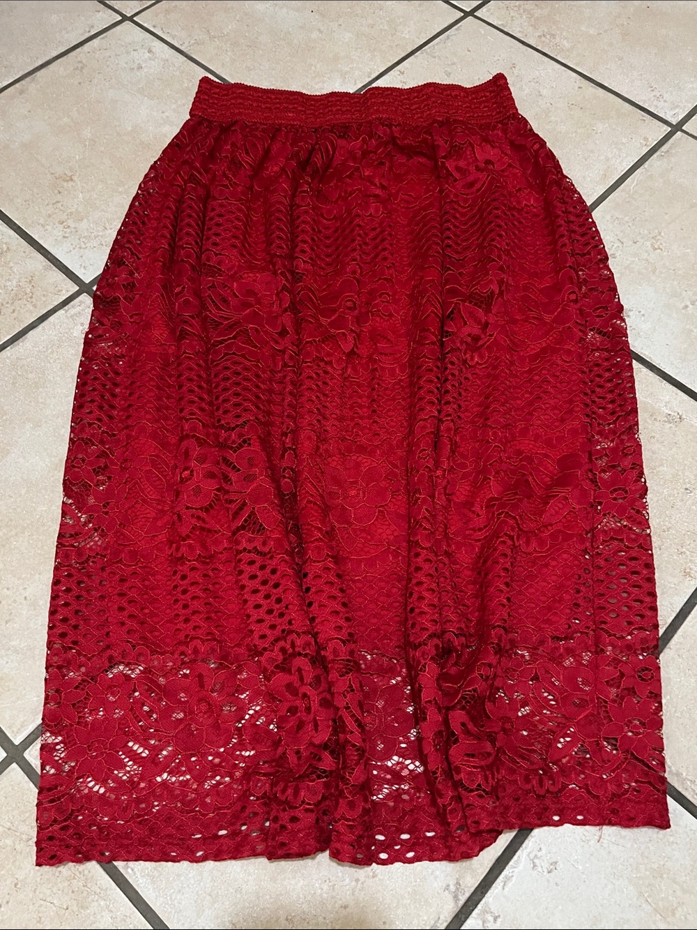 MetroWear Red Lace Midi Skirt - Floral Overlay